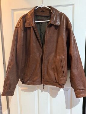 Late 90s Men's Brown Leather Bomber Jacket - Classic Varsity Style